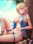  2girls bikini blonde_hair blue_bikini blue_choker blue_eyes breasts choker elf gold_trim highres knee_up large_breasts looking_at_viewer medium_hair mizuya_nao multiple_girls nature navel no_bra nude original pointy_ears revealing_clothes sidelocks sitting skindentation solo stomach string_bikini swimsuit thigh_strap thighs tree 