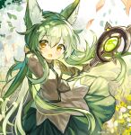  1girl animal_ear_fluff animal_ears field flower flower_field fuupu green_hair hand_in_hair leaf leaves_in_wind long_hair long_sleeves looking_at_viewer marchen_forest_~merun-chan_to_mori_no_okurimono~ mylne shirt skirt staff wind yellow_eyes 