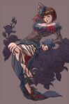  1girl anna_williams arms_behind_head black_dress black_flower black_rose bob_cut breasts brown_hair cleavage dress flower full_body funeral_dress hair_flower hair_ornament high_heels highres light_smile rei1028 rose short_hair tekken tekken_7 
