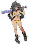  1girl baseball_bat black_footwear blue_eyes boots breasts chest_tattoo cleavage commission dark_skin dark_skinned_female hair_behind_ear holding holding_baseball_bat kafun long_hair medium_breasts my_little_pony navel original rainbow_bikini rainbow_dash solo tattoo tongue tongue_out v-shaped_eyebrows 