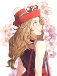  1girl absurdres bag breasts brown_hair english_commentary eyelashes floral_background from_behind handbag hanny_(uirusu_chan) hat high-waist_skirt highres long_hair low-tied_long_hair pokemon pokemon_(game) pokemon_xy red_hair red_skirt redrawn serena_(pokemon) skirt sleeveless small_breasts smile solo sunglasses upper_body wavy_hair white-framed_eyewear white_background 