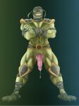 2025 absurd_res aleksejsalabaev anthro armor armwear athletic athletic_anthro athletic_male balls biceps big_teeth bodily_fluids bottomless claws clothed clothing crossed_arms cum cum_drip dripping erection fangs finger_claws fingers front_view full_body_view genital_fluids genitals green_background green_body green_scales hi_res humanoid knot lizard looking_at_viewer male monster mortal_kombat mostly_nude muscular muscular_anthro muscular_arms muscular_male muscular_thighs non-mammal_balls orange_sclera partially_clothed pecs penis presenting presenting_penis pupils red_penis reptile reptile_(mortal_kombat) saurian_(mortal_kombat) scales scalie sharp_teeth simple_background slit_pupils smile snout solo spread_legs spreading teeth tight_clothing topwear wrappings yellow_sclera