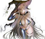  1girl bikini black_nails breasts cape cloak detached_sleeves facial_mark finger_tattoo forehead_jewel forehead_mark forehead_tattoo grey_hair hand_tattoo hat highres huge_breasts long_hair looking_at_viewer navel_piercing original piercing purple_eyes purple_hair s7nsles swimsuit tattoo witch witch_hat 