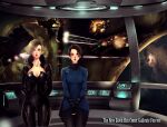  2girls advanced_ship_(eve_online) arms_behind_back ass_visible_through_thighs asymmetrical_hair attack_ship_(eve_online) battle battleship_(eve_online) black_bodysuit black_hair black_pants blonde_hair blue_eyes blush bodysuit breasts brown_hair capital_ship_(eve_online) carrier carrier_(eve_online) cleavage closed_mouth collarbone combat_ship_(eve_online) commentary commission cowboy_shot damillia_seraph debris destroyed destruction dreadnought_(eve_online) energy energy_beam eve_online explosion facial_tattoo fire fleet flying gallente_federation_(eve_online) glowing gradient_hair highres indoors large_breasts light_blush lip_piercing lips long_sleeves looking_at_viewer marauder_(eve_online) medium_breasts megathron_(eve_online) military_vehicle minmatar_republic_(eve_online) moros_(eve_online) multicolored_hair multiple_girls naglfar_(eve_online) nebula nose pants piercing pink_lips planet projectile_trail red_lips science_fiction screen short_hair space spacecraft spacecraft_interior standing star_(sky) support_ship_(eve_online) tattoo tech_2_ship_(eve_online) tempest_(eve_online) thanatos_(eve_online) thrusters two-tone_hair uliel vargur_(eve_online) window yellow_eyes 