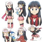  1girl bangs beanie black_hair black_legwear blush boots closed_mouth coat dawn_(pokemon) eyebrows_visible_through_hair eyelashes floating_hair floating_scarf gen_4_pokemon hair_ornament hairclip hat hatted_pokemon highres holding holding_pokemon long_hair long_sleeves looking_at_viewer looking_back multiple_views outstretched_arms pink_footwear piplup pokemon pokemon_(creature) pokemon_(game) pokemon_dppt pokemon_platinum red_coat red_scarf running scarf sidelocks simple_background sketch smile socks solid_oval_eyes standing starter_pokemon tsubobot white_background white_headwear 