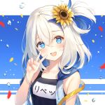  1girl :d azur_lane bangs bare_shoulders blue_background blue_eyes blue_hair blue_swimsuit blush bracelet breasts collarbone colored_inner_hair crossed_bangs eyebrows_visible_through_hair flower gemini_(feng) hair_between_eyes hair_flower hair_ornament hand_up jacket jewelry libeccio_(azur_lane) libeccio_(beachbound_southwestern_wind!)_(azur_lane) long_hair looking_at_viewer lowres multicolored_hair name_tag off_shoulder open_mouth school_swimsuit sidelocks sleeveless sleeveless_jacket small_breasts smile solo sunflower_hair_ornament swimsuit upper_body v white_hair white_jacket 
