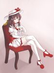  bow chair corruption crossed_legs cup dress gloves hakurei_reimu hat hat_bow hat_ribbon high_heels highres mary_janes medium_hair miniskirt red_bow red_footwear redomar reimu_scarlet ribbon shoes sitting skirt teacup thighhighs touhou vampire waist_bow white_background white_dress white_gloves white_headwear white_legwear 