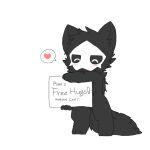  &lt;3 ambiguous_gender anthro black_body black_fur black_sclera blush canid canine canis changed_(video_game) chano daww english_text eyes_closed free_hugs fur happy holding_object holding_sign mammal mask meme puro_(changed) simple_background solo speech_bubble text white_background white_eyes wolf 