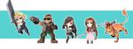  2girls 3boys aerith_gainsborough animal aqua_background aqua_eyes armor bangle bare_shoulders barret_wallace beads beard belt black_bra black_hair black_skirt black_thighhighs blonde_hair blue_pants body_markings boots border bra bracelet braid braided_ponytail brown_belt brown_footwear brown_hair brown_vest buster_sword chibi choker clenched_hands cloud_strife crop_top cropped_jacket dog_tags dress earrings facial_hair facial_mark feather_hair_ornament feathers fighting_stance final_fantasy final_fantasy_vii final_fantasy_vii_remake fingerless_gloves flame-tipped_tail furrowed_brow gloves green_eyes green_pants hair_beads hair_ornament hair_ribbon hair_tie highres holding holding_staff holding_sword holding_weapon jacket jewelry long_dress long_hair low-tied_long_hair midriff miniskirt multiple_boys multiple_girls nanao_(zonzonsh) navel orange_fur pants parted_bangs pauldrons pink_dress pink_ribbon prosthetic_weapon red_eyes red_footwear red_hair red_jacket red_xiii ribbon ribbon_choker scar scar_across_eye shirt short_hair shoulder_armor sidelocks single_braid single_pauldron skirt sleeveless sleeveless_shirt sleeveless_turtleneck spiked_hair staff sunglasses suspenders sword thighhighs tifa_lockhart torn_clothes torn_sleeves turtleneck underwear very_short_hair vest weapon white_border 