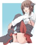  1girl amano_yoki black_footwear black_panties boots breasts brown_eyes brown_hair eyebrows_behind_hair from_side headgear kantai_collection leg_hug miniskirt open_mouth panties pleated_skirt short_hair sideboob sidelocks skirt small_breasts smile solo taihou_(kancolle) thighhighs underwear 