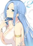 1girl absurdres armlet bangs bare_shoulders blue_eyes blue_hair braid breasts chain cleavage closed_mouth commentary_request cuffs eyebrows_visible_through_hair hand_on_own_chin highres large_breasts long_hair looking_at_viewer no_bra olivia_(ore_dake_haireru_kakushi_dungeon) ore_dake_haireru_kakushi_dungeon parted_bangs shackles smile solo takehana_note upper_body white_background 