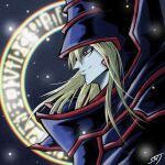  1boy armor bangs blonde_hair blurry closed_mouth colored_skin commentary dark_magician duel_monster floating_hair from_side grey_skin hat highres long_hair magic_circle male_focus red_eyes sengenjin31 signature smile solo upper_body yu-gi-oh! 