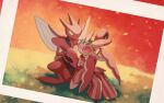  commentary_request eye_contact flower gen_2_pokemon gen_7_pokemon grass highres looking_at_another looking_back lurantis no_humans pincers pokemon pokemon_(creature) scizor yellow_eyes yellow_flower yukifuri_tsuyu 