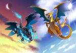  artist_request blue_eyes blue_fire blue_sky charizard claws cloud crescent_moon fangs fire flame-tipped_tail flying full_body horns mega_charizard_x mega_charizard_y mega_pokemon moon no_humans official_art open_mouth pokemon pokemon_(creature) red_eyes sky spikes sun third-party_source wings 