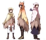  1girl 2boys alternate_costume animal_hood armored_boots artist_name black_hair black_pants blue_coat boots brown_eyes brown_footwear cloak coat cosplay dirge_of_cerberus_final_fantasy_vii facial_hair facial_mark feather_hair_ornament feathers final_fantasy final_fantasy_vii full_body goatee hair_between_eyes hair_ornament hand_on_own_hip highres hood hooded_cloak long_coat long_hair moogle multiple_boys nanao_(zonzonsh) official_alternate_costume one_eye_closed open_mouth orange_cloak pants parted_bangs pointy_footwear red_eyes red_xiii red_xiii_(cosplay) reeve_tuesti short_hair shorts smile thighhighs torn_cloak torn_clothes vincent_valentine white_cloak white_thighhighs yellow_cloak yellow_shorts yuffie_kisaragi 
