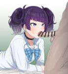  1boy 1girl bangs bar_censor bow bowtie censored collared_shirt diagonal_bangs ear_piercing erection fellatio gradient gradient_background guhanshounen hetero idolmaster idolmaster_shiny_colors long_sleeves oral penis piercing purple_eyes purple_hair shirt solo_focus tanaka_mamimi testicles twintails white_shirt 