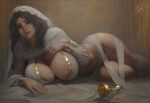  1girl bracelet breasts brown_hair chalice cleavage cup dark_souls_(series) dark_souls_i ickpot jewelry large_breasts lips long_hair looking_at_viewer lying queen_of_sunlight_gwynevere solo veil 