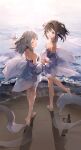 2girls :d ^_^ absurdres anmi bare_legs bare_shoulders barefoot beach blush breasts brown_hair choker cleavage closed_eyes commentary_request day detached_sleeves dress footprints full_body highres long_sleeves looking_at_viewer multiple_girls ocean one_side_up open_mouth original outdoors purple_choker purple_dress purple_eyes silver_hair small_breasts smile strapless strapless_dress sunlight walking water 