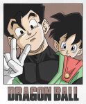  1boy 1girl black_bodysuit black_hair blue_eyes bodysuit border brown_background cape close-up copyright_name dragon_ball dragon_ball_z great_saiyaman green_tunic highres red_cape short_hair simple_background son_gohan spiked_hair tunic v videl wesatinthecar white_border 