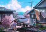  1girl blue_sky brown_hair clothesline cloud curtains day dog house laundry ocean original outdoors reengirl rooftop scrunchie shirt shoes short_hair shorts sitting sky smile sneakers t-shirt window 