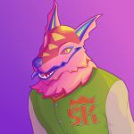 1:1 2024 absurd_res alebrije andy_fangerson anthro bust_portrait canid canine canis chuy_avilarts clothing epic_games fortnite fur hi_res jacket letterman_jacket looking_at_viewer male mammal open_mouth pink_body pink_fur portrait purple_background ruff simple_background solo teeth tongue tongue_out topwear wolf
