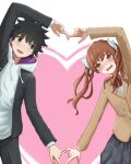  1boy 1girl black_eyes black_hair black_jacket black_pants black_skirt blazer bow bowtie brown_eyes brown_hair brown_jacket collared_shirt embarrassed english_commentary hair_bow heart heart_arms_duo heart_background highres hood hoodie jacket kamijou_touma long_hair long_sleeves open_clothes open_jacket open_mouth pants plaid_clothes plaid_skirt red_bow red_bowtie school_uniform shirai_kuroko shirt short_hair simple_background skirt smile tatararashi toaru_kagaku_no_railgun toaru_majutsu_no_index tokiwadai_school_uniform twintails white_bow white_hoodie white_shirt winter_uniform 