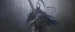  1boy absurdres armor artorias_the_abysswalker asaki_(asaki_vision) breastplate cape dark_souls_(series) dark_souls_i full_armor gauntlets greatsword helm helmet highres holding holding_sword holding_weapon knight male_focus over_shoulder pauldrons plume shoulder_armor solo standing sword torn_cape torn_clothes weapon 