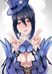  1girl armor black_hair blush breasts cleavage cleavage_cutout clothing_cutout hand_gesture highres large_breasts monster_hunter_(series) red_eyes short_hair simple_background solo white_background yilan_un 