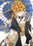  1boy animal artist_name blush brown_gloves cowboy_shot dark_souls_(series) dark_souls_i dark_sun_gwyndolin floral_print floral_print_kimono gloves gold_headwear grey_hair helmet highres holding holding_umbrella oil-paper_umbrella short_hair simple_background snake solo spiked_helmet susukeya umbrella 