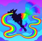 2022 2_tails 4_toes absurd_res ambiguous_gender black_body black_fur blue_clouds blue_tail breath_powers canid canine canis chest_tuft chotpot cloud colored digital_drawing_(artwork) digital_media_(artwork) dipstick_tail english_description feet feral fluffy fluffy_tail fur hi_res lineless male_(lore) mammal markings midair multi_tail multicolored_body multicolored_fur multicolored_tail open_mouth paws purple_sky purple_tail_tip quadruped rainbow rainbow_body rainbow_fur rgby_(chotpot) running sharp_teeth sky solo sparkles star_eyes tail tail_markings teeth toes tuft wolf yellow_eyes