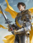  1boy absurdres armor black_hair blue_eyes cape cloud fantasy from_side hair_behind_ear highres holding holding_sword holding_weapon knight male_focus mam_ba metal_gloves nose original parted_lips realistic sky solo sword weapon yellow_cape 
