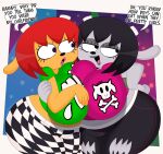 2025 2_horns 3barts abstract_background absurd_res anthro big_breasts black_bottomwear black_clothing black_eyes black_hair black_jeans black_pants blue_eyes bottomwear bovid breast_squish breasts breasts_frottage brown_body brown_fur caprine checkered checkered_bottomwear checkered_clothing checkered_pants clothing crop_top curvy_anthro curvy_female curvy_figure denim denim_bottomwear denim_clothing dialogue digital_drawing_(artwork) digital_media_(artwork) duo english_text eyelashes female fingers fur green_clothing green_shirt green_topwear grey_body grey_fur grey_lipstick hair hi_res horn huge_breasts huge_hips huge_thighs jeans lammy_lamb lipstick magenta_shirt makeup mammal midriff motion_lines open_mouth open_smile pants parappa_the_rapper pattern_bottomwear pattern_clothing pattern_pants pink_lipstick rammy_lamb red_hair sheep shirt short_hair smile sony_corporation sony_interactive_entertainment squish text thick_thighs topwear torn_bottomwear torn_clothing torn_jeans torn_pants um_jammer_lammy voluptuous voluptuous_anthro voluptuous_female wide_hipped_anthro wide_hipped_female wide_hips