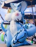 3d_(artwork) absurd_res anthro areola ball beach beach_ball beverage big_breasts blue_body blue_scales breasts cobra dariana_(quetzaly) digital_media_(artwork) dividebyezer0 feet female glistening glistening_body glistening_breasts glistening_scales glistening_thighs green_eyes hand_on_breast hi_res holding_breast huge_breasts inflatable kneeling navel nipples nude outside parasol reptile scales scalie snake snake_hood solo thick_thighs white_body white_scales wide_hips
