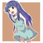  1girl blue_hair brown_background child dress eyebrows eyebrows_visible_through_hair furude_rika green_dress hands_on_hips highres higurashi_no_naku_koro_ni hime_cut long_hair open_mouth purple_eyes simple_background smile solo sundress truth1293 