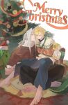  2boys :| arm_around_shoulder arm_up barefoot black_pants black_shirt blonde_hair blue_eyes blue_pants blush box buttons christmas christmas_ornaments christmas_sweater christmas_tree closed_mouth cloud_strife collared_shirt commentary cup english_text final_fantasy final_fantasy_vii gift gift_box green_eyes hair_behind_ear hand_on_another&#039;s_leg hat highres holding holding_cup indian_style layered_clothes layered_sleeves long_hair long_sleeves male_focus merry_christmas mgt_85363 mug multiple_boys on_lap pants parted_lips pillow pom_pom_(clothes) red_ribbon red_sweater ribbon sabotender santa_hat sephiroth shirt sitting smile spiked_hair sweater symbol-only_commentary tinsel turtleneck very_long_hair white_background white_hair white_shirt wing_collar 