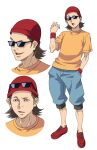  1boy amano_yoki brown_eyes brown_hair character_sheet commentary_request eyewear_on_head hand_in_pocket hat male_focus open_mouth orange_shirt original red_headwear shirt shoes shorts smile sneakers solo sunglasses t-shirt wristband 