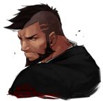 1boy beard black_hair cropped_shoulders cyphers damian_doyle_(cyphers) dark_skin dark_skinned_male facial_hair formal from_behind gomtang looking_at_viewer male_focus mature_male mohawk red_eyes short_hair solo suit third-party_source 