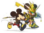  2boys animal_ears black_eyes black_jacket chibi clenched_hands colored_sclera crossover disney gloves green_sclera gundam holding holding_weapon jacket keyblade kingdom_hearts mickey_mouse mouse mouse_ears multiple_boys open_mouth red_shorts running science_fiction sd_gundam sd_gundam_world_heroes shorts v-fin weapon white_background white_gloves wukong_impulse_gundam xzeit 