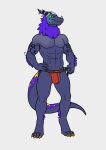  absurd_res anthro bulge claws clothed clothing clothing_pull dragon fur hi_res horn jockstrap looking_at_viewer male markings purple_body purple_fur sharkiedude simple_background solo standing topless underwear underwear_pull white_background yellow_eyes 