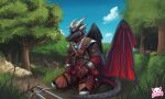  anthro armor better_version_at_source detailed_background dragon forest horn male melee_weapon plant solo sparkittyart sword the_witcher tree video_games weapon wings 