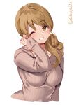  1girl blush breasts brown_eyes brown_sweater ebifurya eyebrows_visible_through_hair highres kantai_collection littorio_(kancolle) long_hair long_sleeves looking_at_viewer medium_breasts one_eye_closed parted_lips simple_background solo sweater twitter_username upper_body white_background 