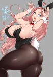  1girl 2021 agawa_ryou animal_ears ass breasts bunny_ears bunny_tail commentary dated english_commentary grey_background heart huge_breasts long_hair looking_at_viewer original pantyhose pink_hair simple_background smile solo tail thick_thighs thighs 