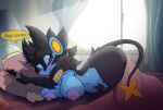  5_fingers anthro areola bed big_breasts blue_body blue_fur blush breasts dialogue female fingers fur furniture hi_res iguanasarecool looking_at_viewer luxray lying nintendo nipples pillow pillow_hug pok&eacute;mon pok&eacute;mon_(species) pubes red_eyes text video_games wide_hips 