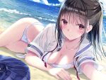  beach black_hair blush bra breasts cleavage clouds kobayashi_chisato long_hair open_shirt original panties school_uniform underwear water 