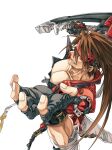  1boy absurdres belt brown_hair collarbone denim dong_hole fingerless_gloves gloves guilty_gear guilty_gear_strive hair_between_eyes highres holding holding_weapon jacket jeans long_hair male_focus multiple_belts pants red_eyes red_jacket simple_background smile sol_badguy solo teeth weapon white_background 