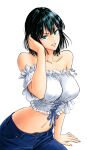  1girl absurdres bare_shoulders black_hair blue_pants breasts cowboy_shot crop_top frilled_shirt frills fubuki_(one-punch_man) green_eyes hand_up highres hkhk0726 large_breasts looking_at_viewer medium_hair midriff navel off-shoulder_shirt off_shoulder one-punch_man pants parted_lips shirt short_sleeves smile solo transparent_background white_shirt 