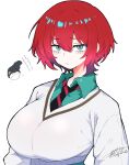 1girl absurdres alternate_breast_size amate_yuzuriha breasts green_eyes green_shirt gundam gundam_gquuuuuux haro hat highres large_breasts mk2s_re necktie red_hair shirt short_hair signature striped_necktie sweater white_background 