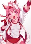  1girl akatsuki_(kuon) animal_ears arm_up bow buruma clenched_hands eyebrows_visible_through_hair fingerless_gloves gloves hair_bow hair_intakes haru_urara_(umamusume) headband horse_ears horse_girl horse_tail jacket kneehighs leg_up long_hair open_mouth pink_eyes pink_hair ponytail red_buruma red_gloves ribbon shirt smile solo standing standing_on_one_leg striped striped_legwear symbol-shaped_pupils tail track_jacket umamusume white_jacket white_shirt 