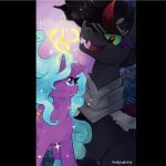  bodily_fluids duo equid equine eye_contact female feral friendship_is_magic horn king_sombra_(mlp) looking_at_another magic male mammal my_little_pony radiant_hope_(mlp) reallycoykoifish simple_background sinister smile tears unicorn 