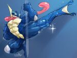  abs absurd_res anthro biceps blue_background dancing grabbing_pole greninja hi_res male muscular muscular_anthro muscular_male nintendo pecs pok&eacute;mon pok&eacute;mon_(species) pole pole_dancing simple_background solo sparkles tongue video_games waddledox 
